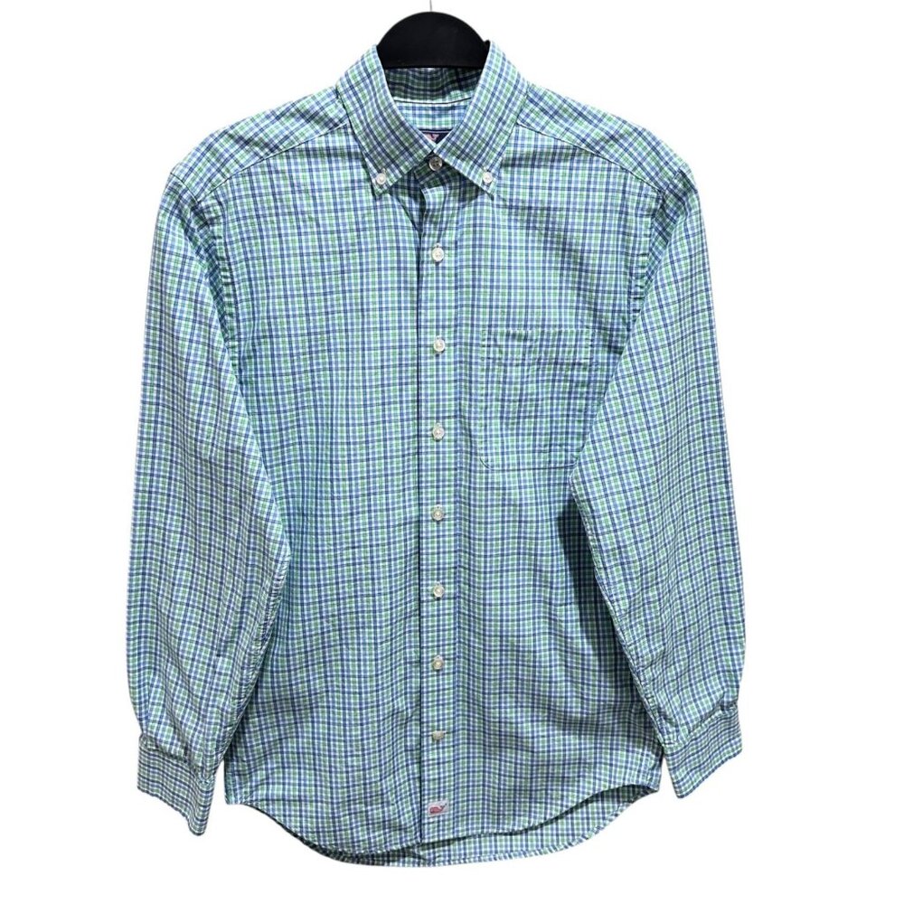 Vineyard Vines Mens Size XS Blue Green White Classic Fit Murray Whale Logo Shirt